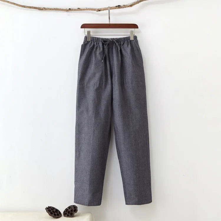 Men's solid colour pure cotton casual trousers with belt in mid waist design