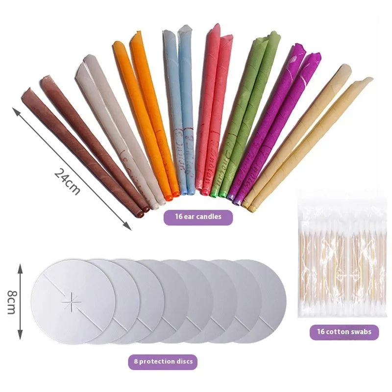 MQ horn colour ear candle set showing 16 candles, 8 protection boards and 16 cotton swabs in box
