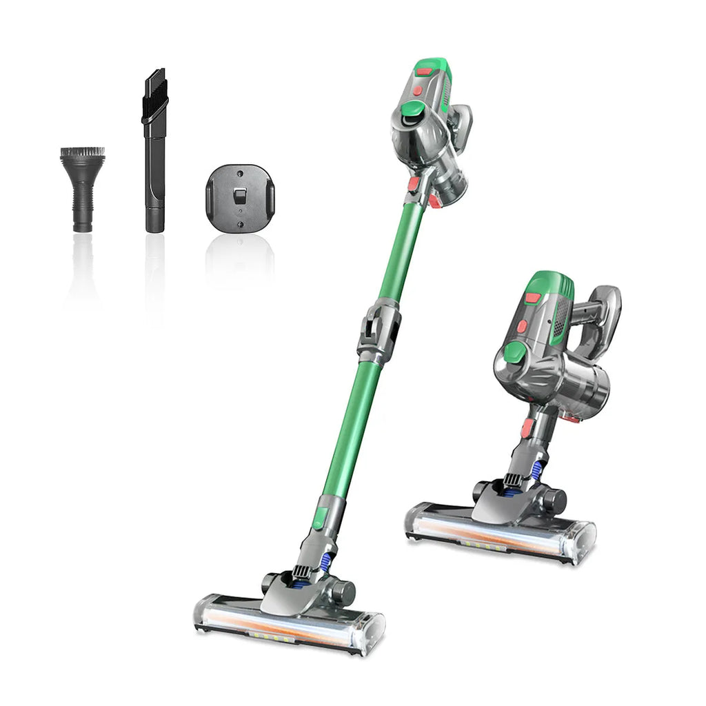 Green handheld wireless vacuum cleaner with foldable tube, 0.5L dust cup, HEPA filter, two-speed suction