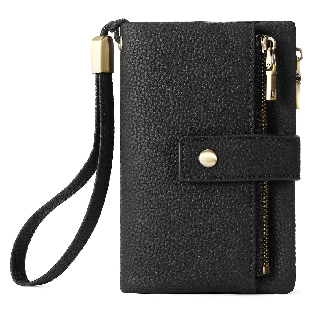Women's genuine leather anti-theft zipper wallet clutch in midnight black with gift box