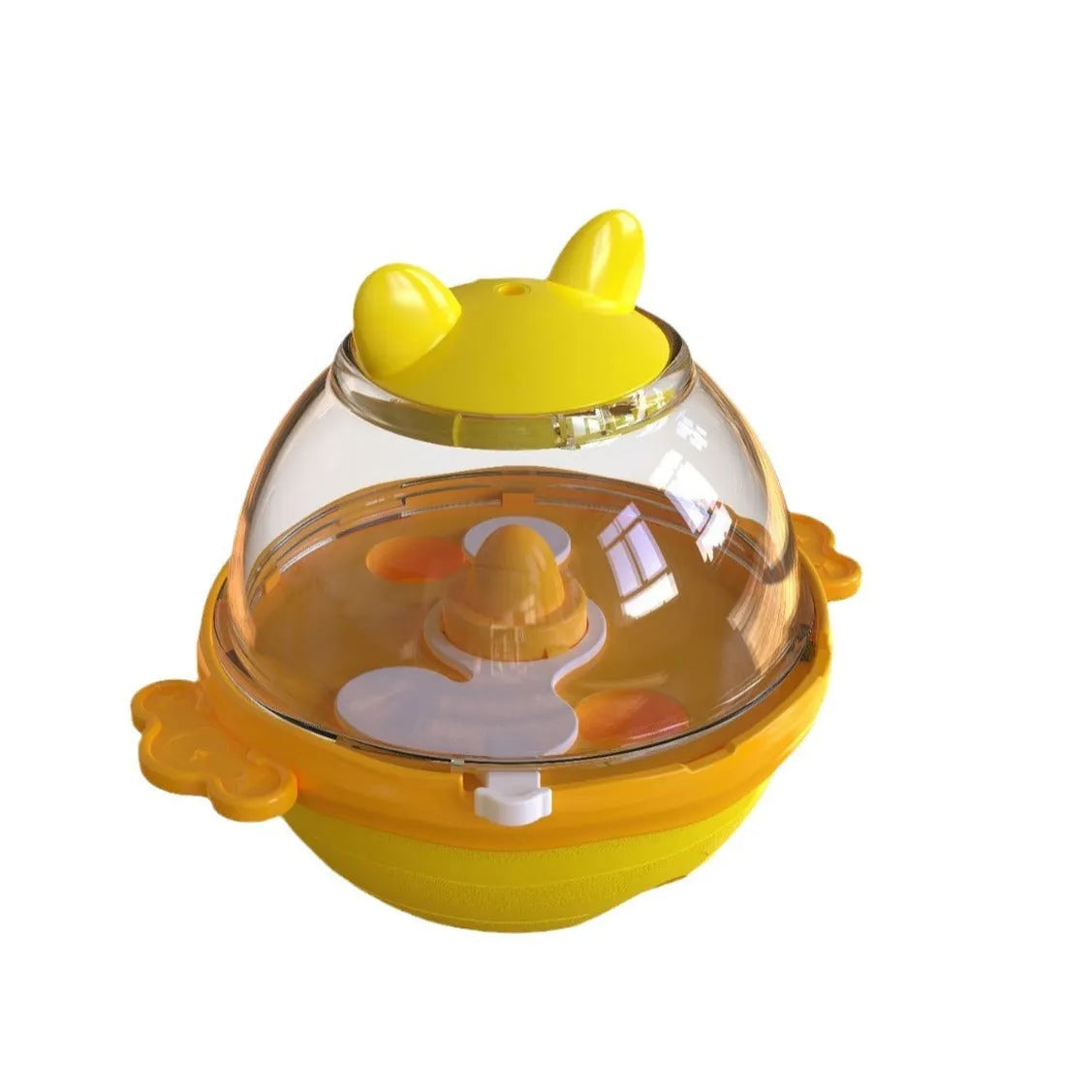 TPR dog puzzle feeder tumbler toy in blue and yellow colours, showing treat dispenser holes.