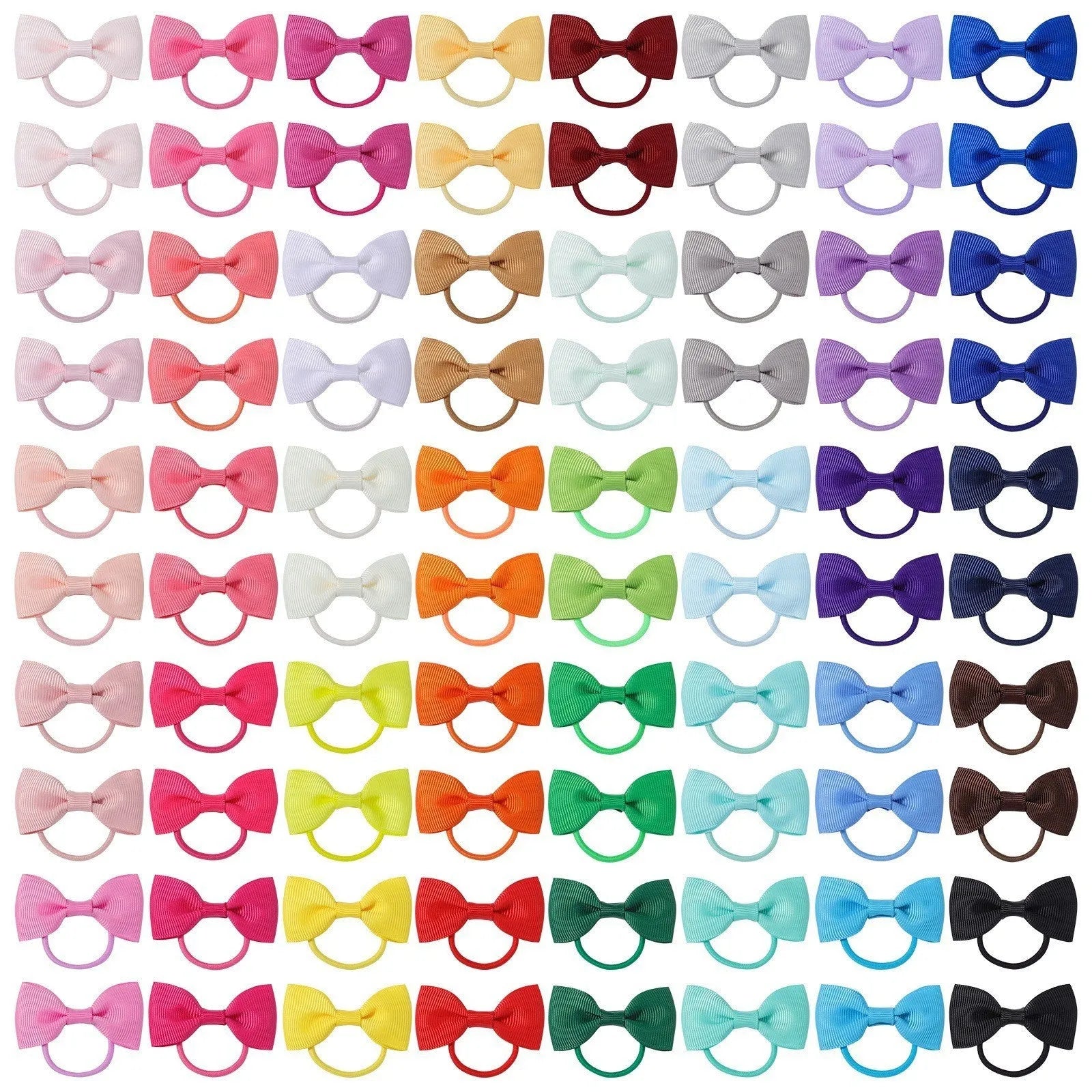80 piece set of tiny 2 inch grosgrain ribbon baby hair bows with matching elastic bands in multiple colours