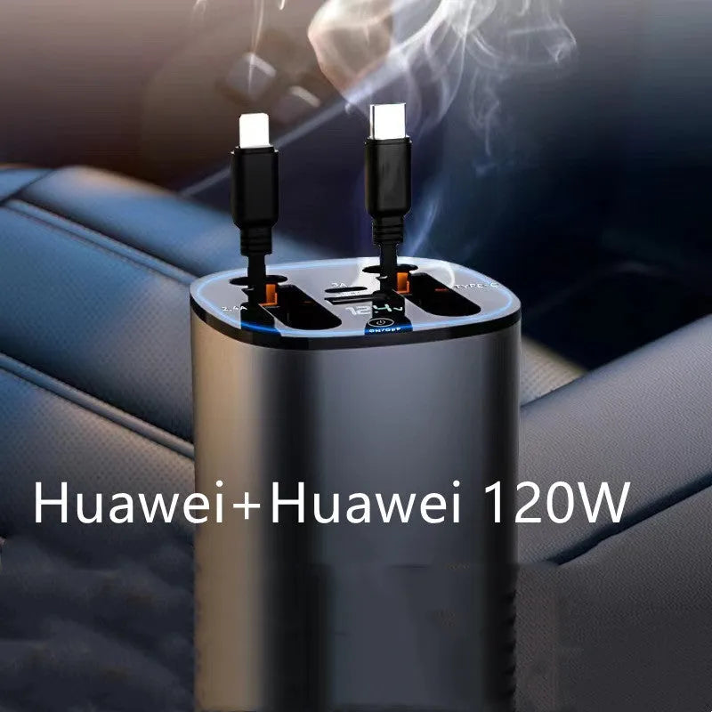 Automatic retractable car charger with universal plug for 120W fast charging