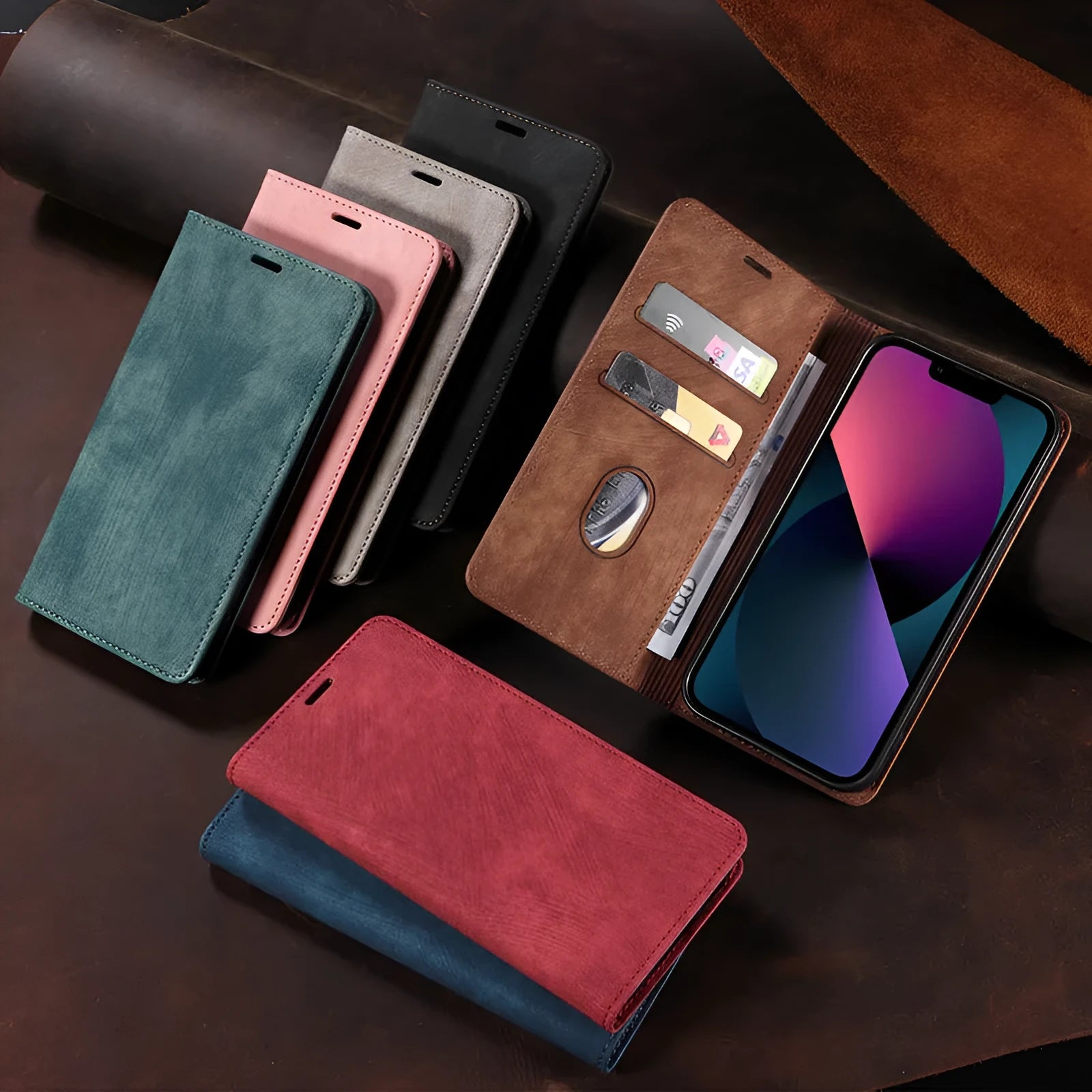 Magnetic flip phone case in leather for iPhone, shown open with cards in slots and closed with magnetic seal.