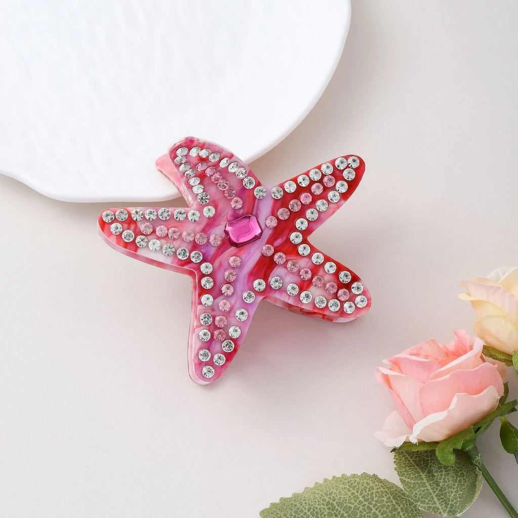 Acrylic starfish diamond encrusted hairpin in blue and pink colour options