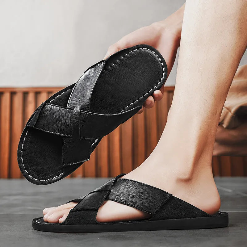 Men's black casual leather slip-on sandals with frosted pigskin upper and sewn rubber sole.