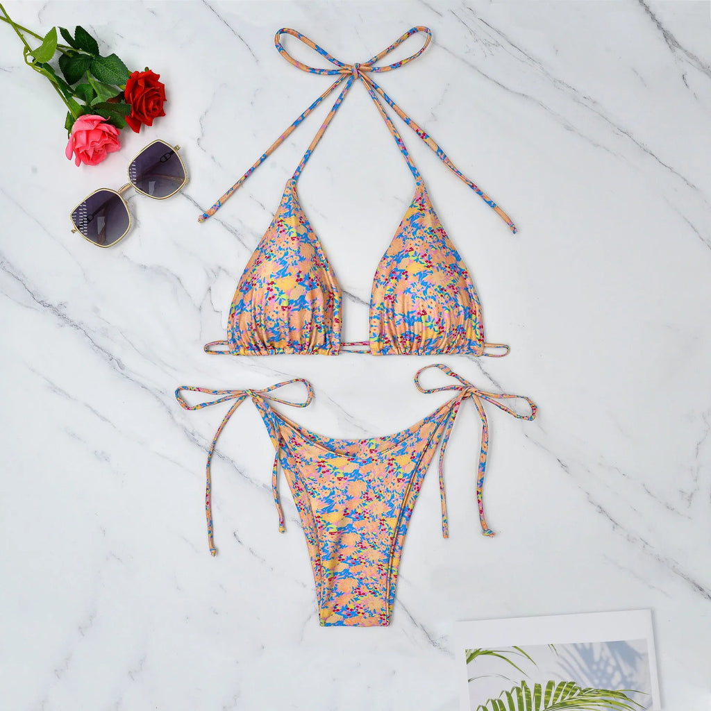 Women's lace-up bikini swimsuit with split briefs in picture colour for swimming activities