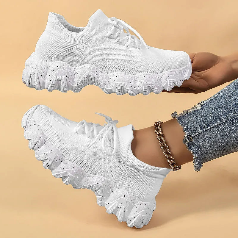 Lace-up fly-knit socks shoes with low heel platform sole, mesh upper, round toe, available in black and rose red