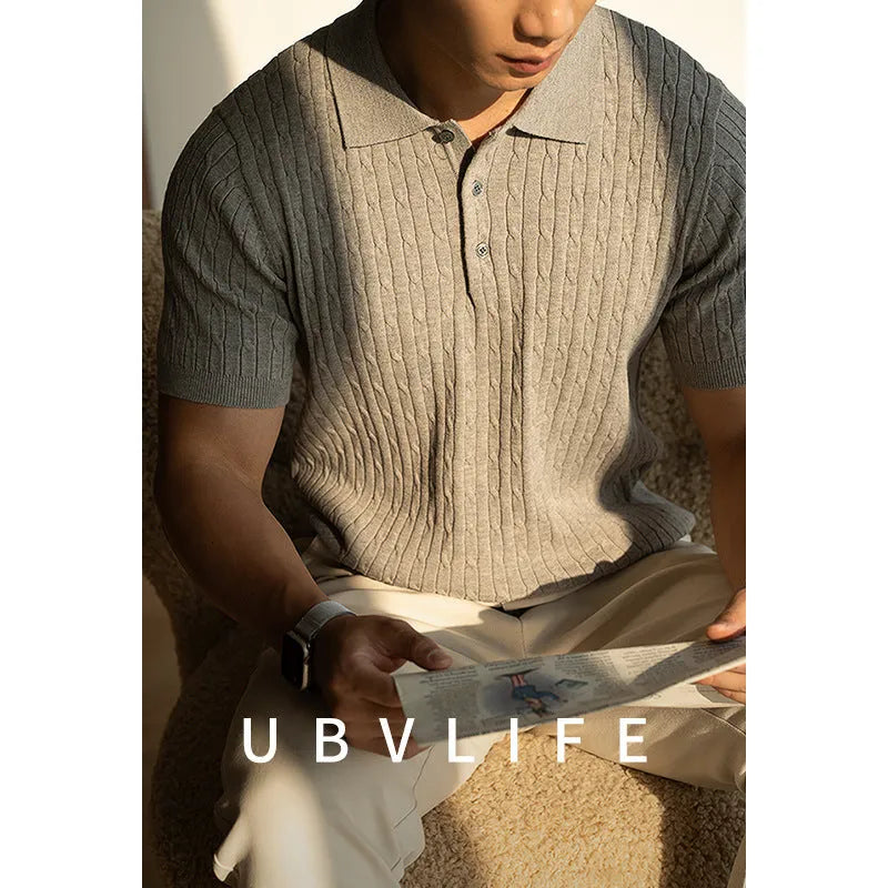 Men's short sleeve casual polo top in khaki colour, laid flat to show design.