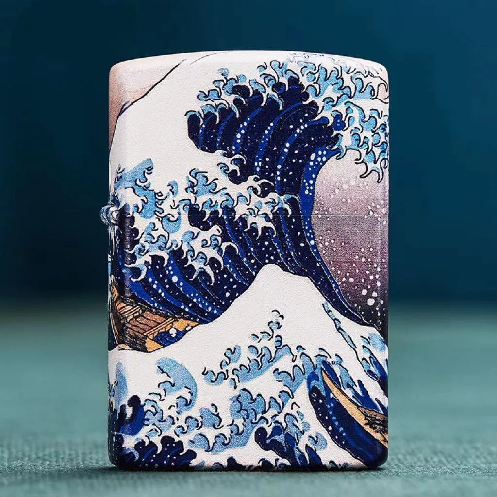 Coloured lacquer windproof lighter with Kanagawa surf design, steel inner liner, copper housing