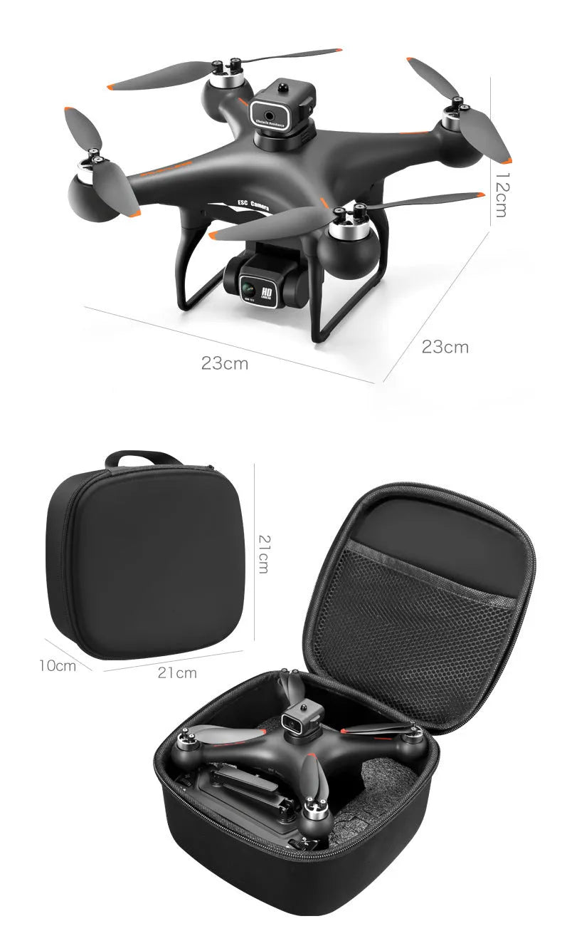 Black S116 drone with four propellers, obstacle sensors visible on its sides, next to its remote control transmitter.