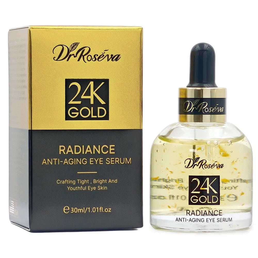 Dr. Roseva 24k Gold Eye Serum 30ml bottle with hyaluronic acid and collagen for anti-wrinkle