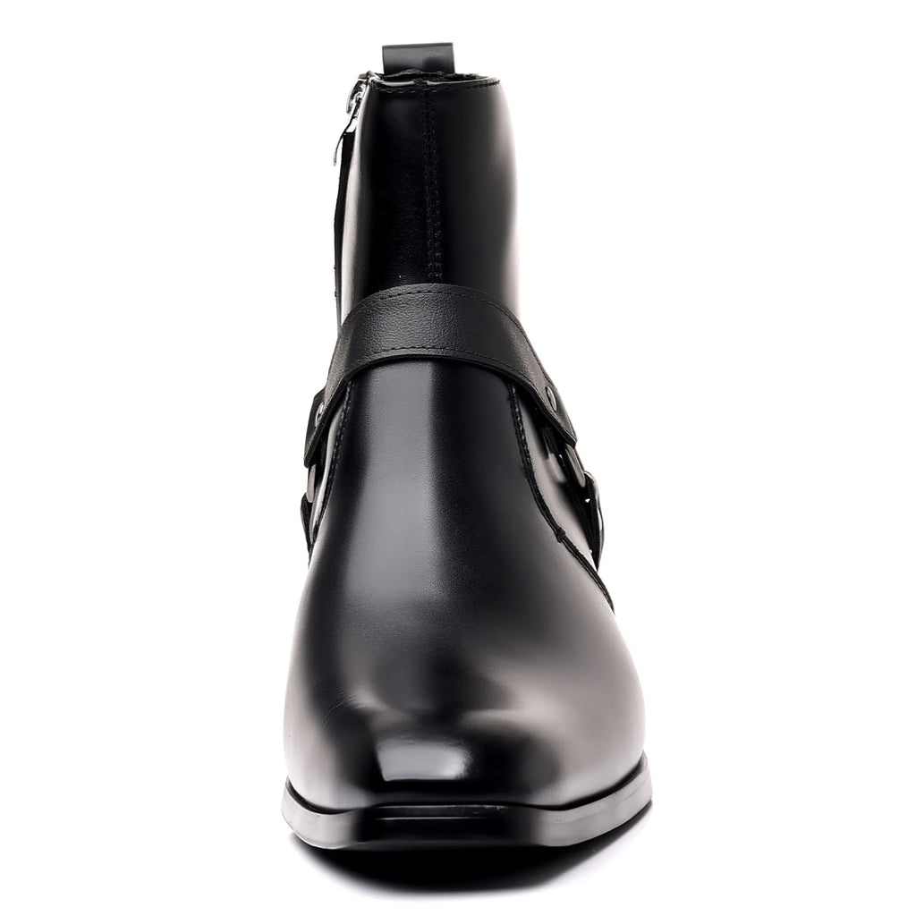 Black unisex ankle boots with side zipper, rivet details, and a high horseshoe heel on a grey background.