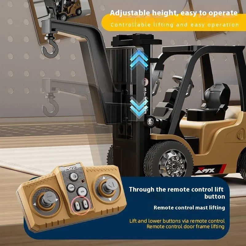 1:64 scale alloy remote control forklift with Bluetooth and working cargo hook displayed with accessories