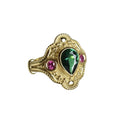 Geometric gold-plated women's ring on a white background, showing its alloy construction and lvzuan colour.