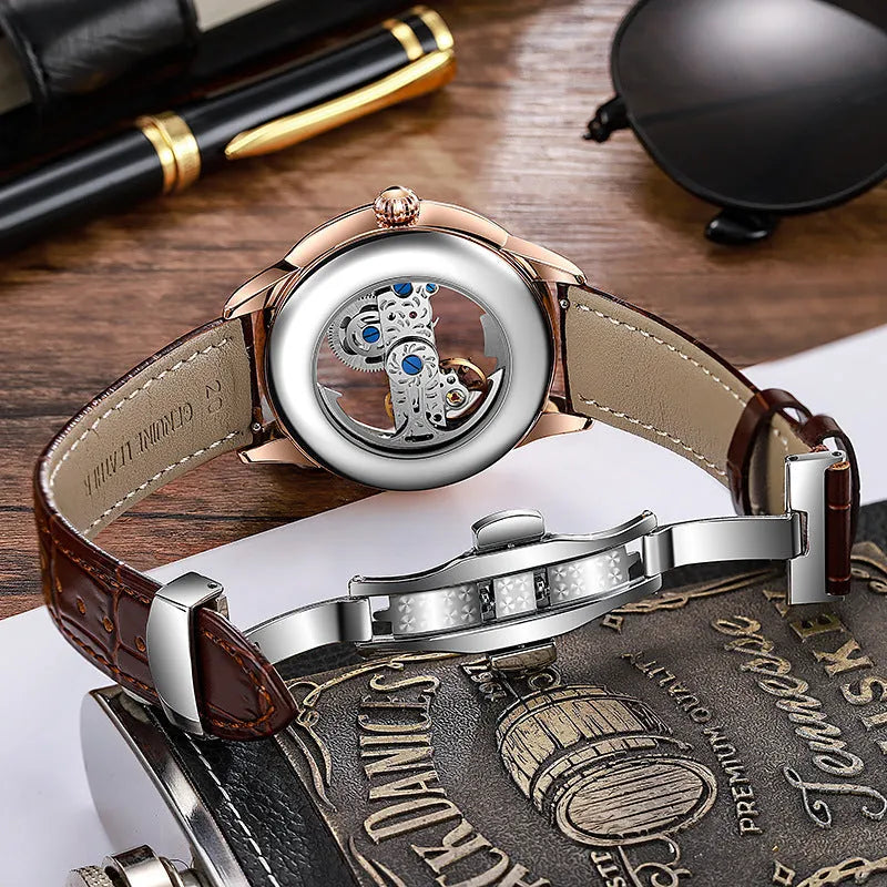 Men's rose gold stainless steel waterproof mechanical watch with transparent case back on wrist.