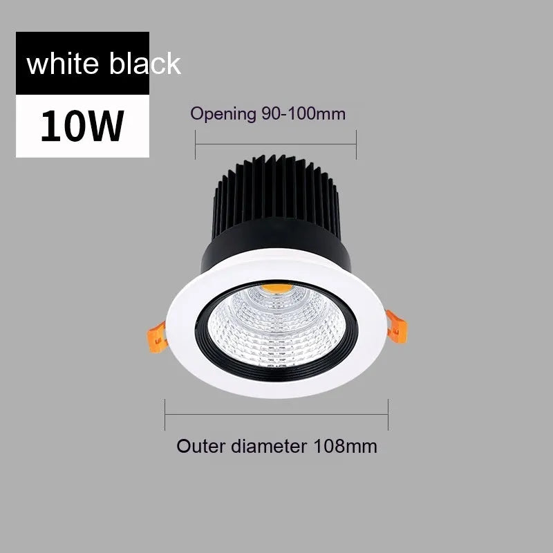 Modern aluminium recessed LED ceiling spotlight with anti-glare design, shown in white and black trim finishes.
