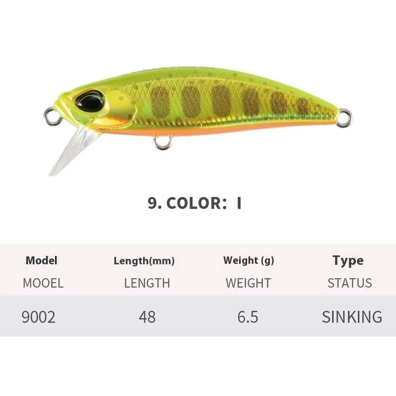 48mm mino fishing lure for snakehead and mandarin fish in various colours.