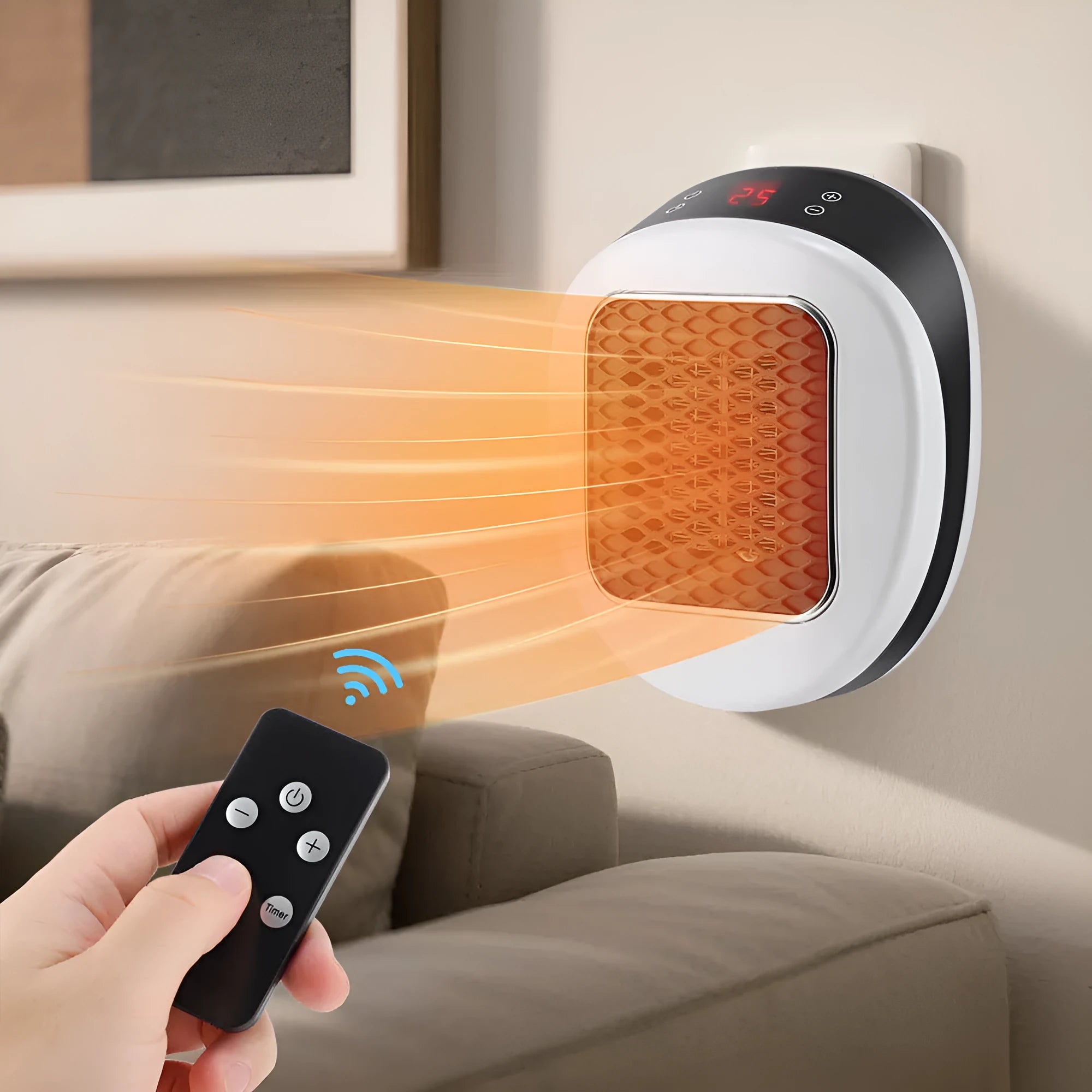 White plastic ceramic heating electric blower heater with remote control on a table.