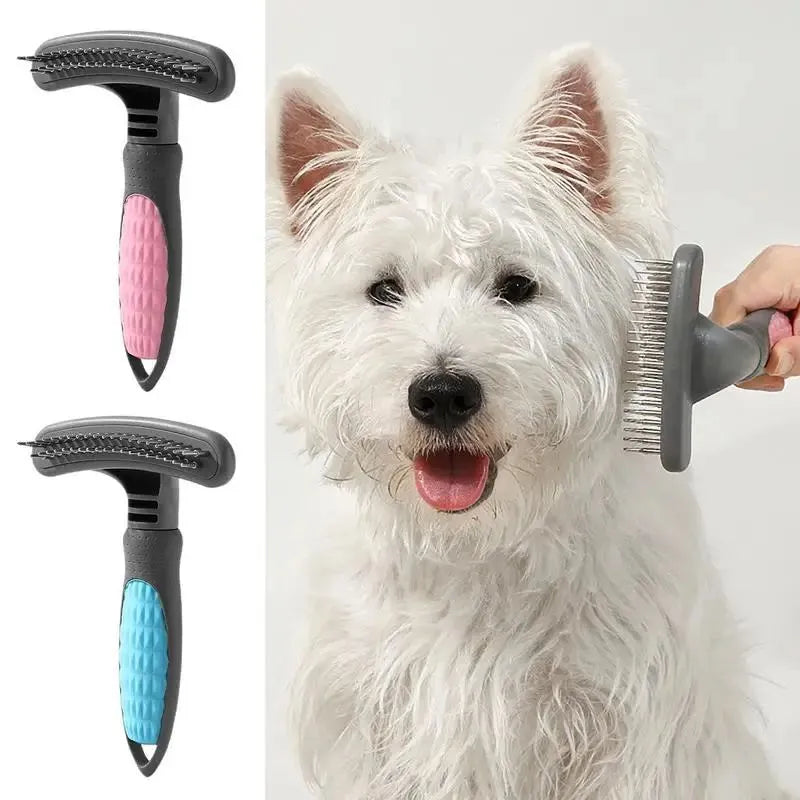 Pet grooming comb with anti-rust stainless steel teeth and ergonomic handle in pink