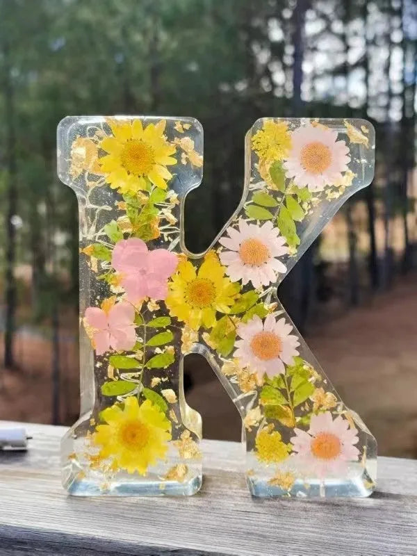 Transparent resin night light ornament with letter flower design, 15cm square, multiple colour options