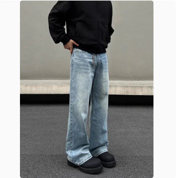 Men's blue straight leg jeans with whisker washing and visible stitching detail