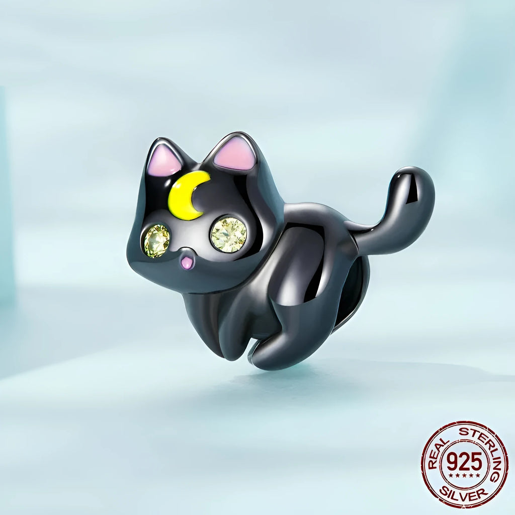925 silver moon cat charm bead, black gold plated, 1.6cm by 1.45cm with 0.45cm hole for bracelet making