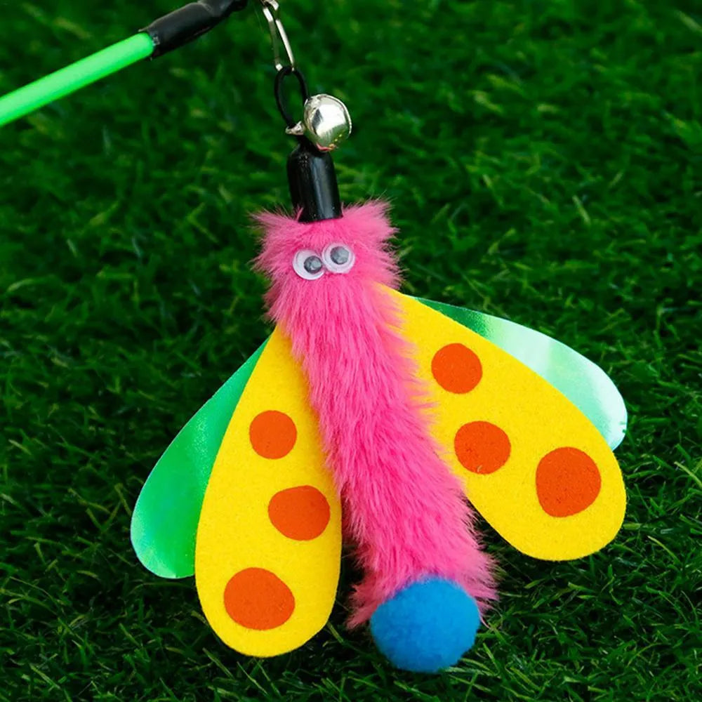 Blue cat wand toy with dragonfly attachment and bell on a 49cm stick