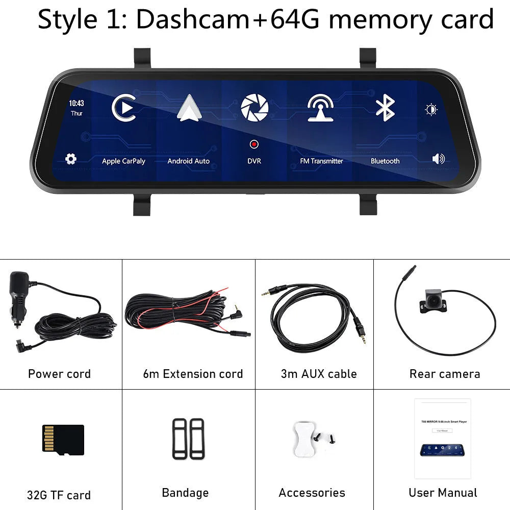 9.66-inch car dashboard camera and in-mirror video player system with wide-angle lens.