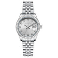 Women's silver quartz calendar watch with 32mm dial and stainless steel buckle
