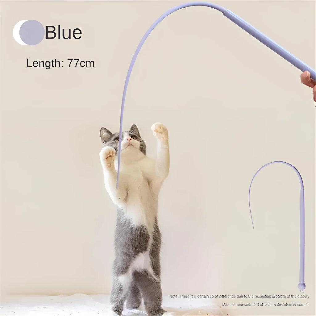 Blue cat teaser wand with silicone mouse tail measuring 80cm length with cat head handle design
