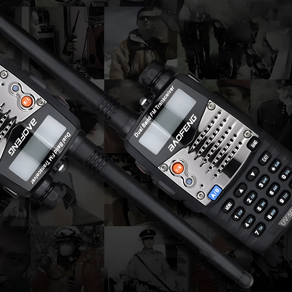 Baofeng UV-5RA dual-band walkie talkie with dual display screen showing two channel frequencies