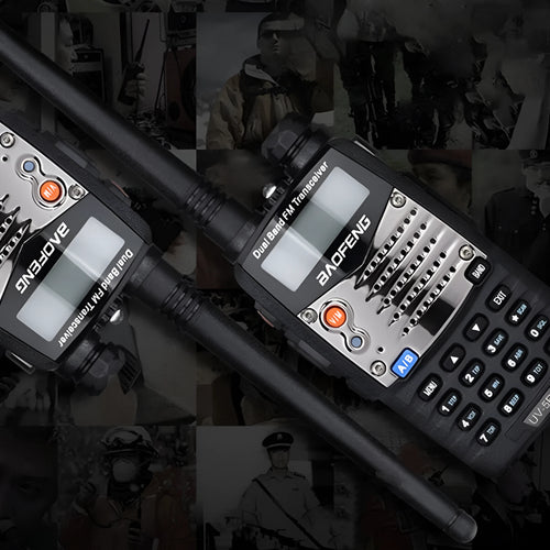 Baofeng UV-5RA dual-band walkie talkie with dual display screen showing two channel frequencies