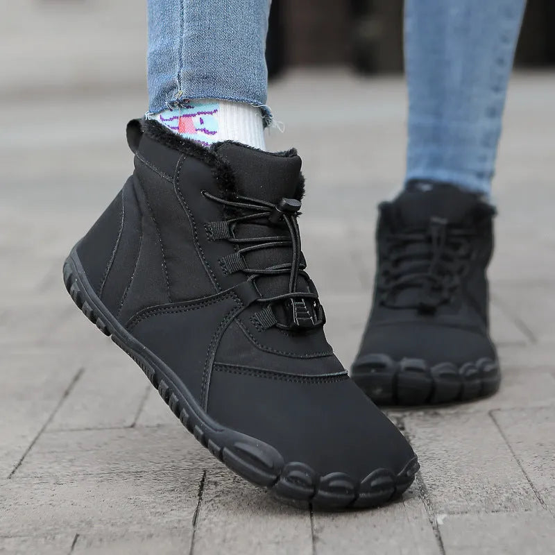 Unisex waterproof snow boots in black, khaki, or pink with round toe, lace-up front, and fleece lining.