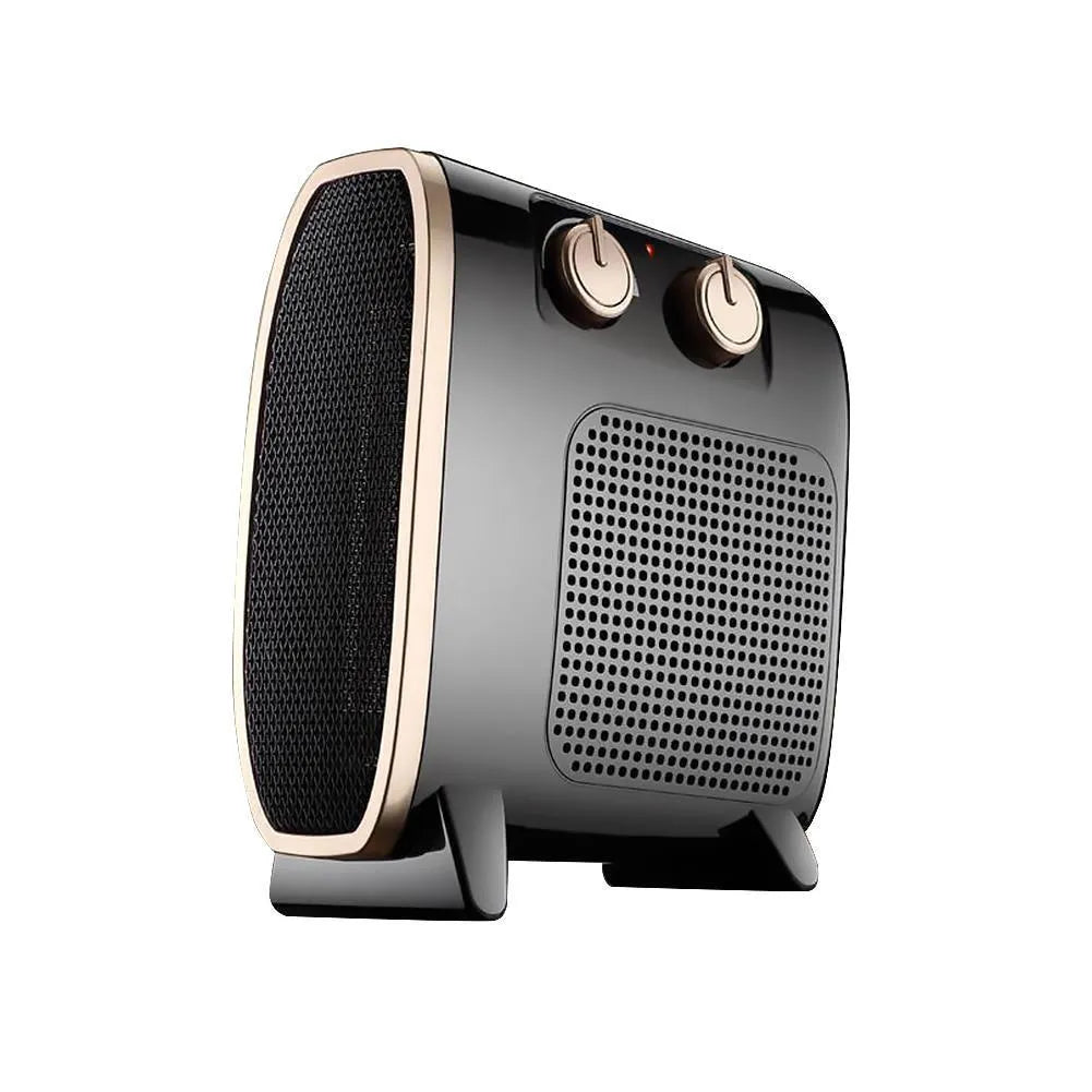 Compact white electric fan heater with mechanical control knobs on a wooden floor.