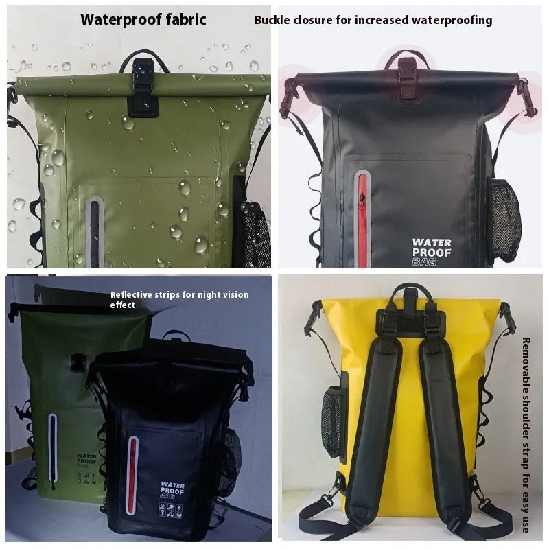 25L PVC waterproof backpack for outdoor sports, shown in black, army green, yellow, orange, and blue
