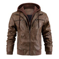Men's black PU leather hooded jacket with zipper pockets, normal length 50cm, front view
