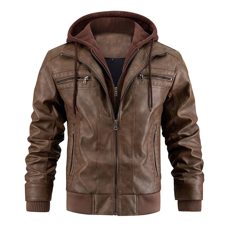 Men's black PU leather hooded jacket with zipper pockets, normal length 50cm, front view