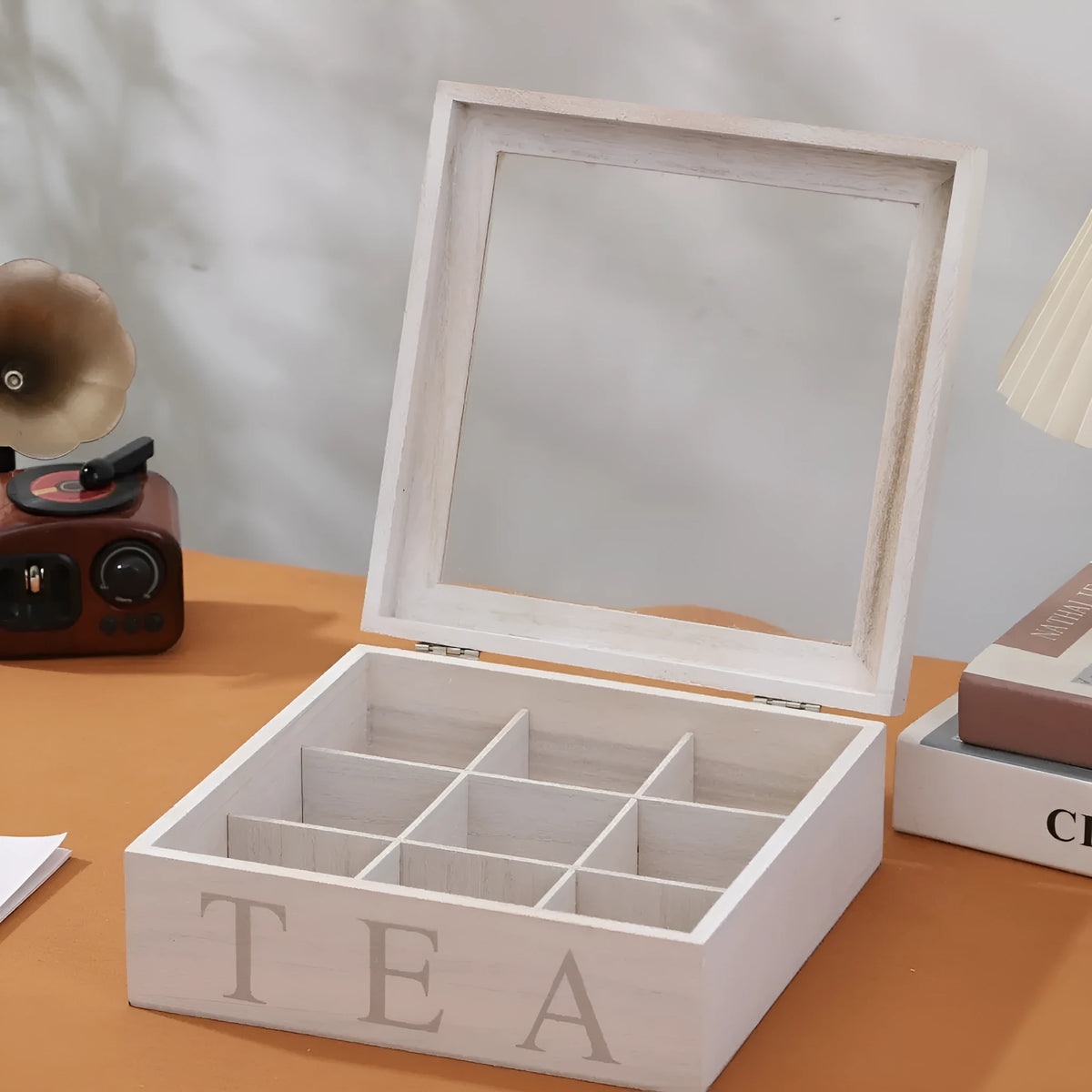 White wooden multi-grid storage box with transparent cover, 23 x 23 x 10 cm, for coffee pods and desktop organisation