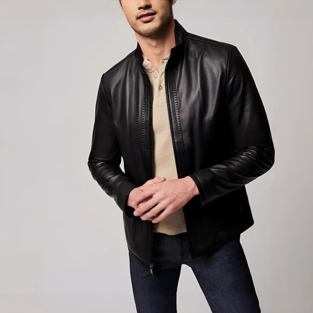 Men's black retro jacket with regular fit, long sleeves, straight hem, and no hood, shown in sizes S to XXXL
