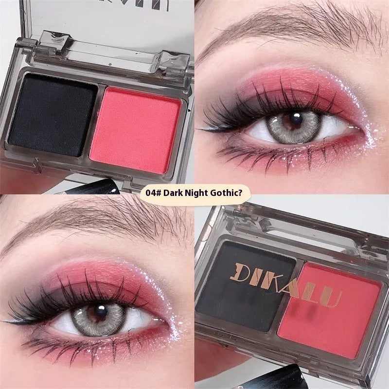 Two-tone eye shadow cosmetic plate showing matte and shimmer sections in pink and black colour combination