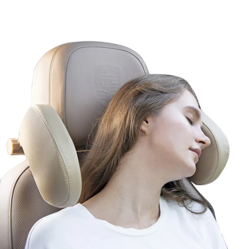 PU leather car headrest pillow with adjustable side support, 14x14cm, universal fit for car seats with 10-18cm headrest rod distance