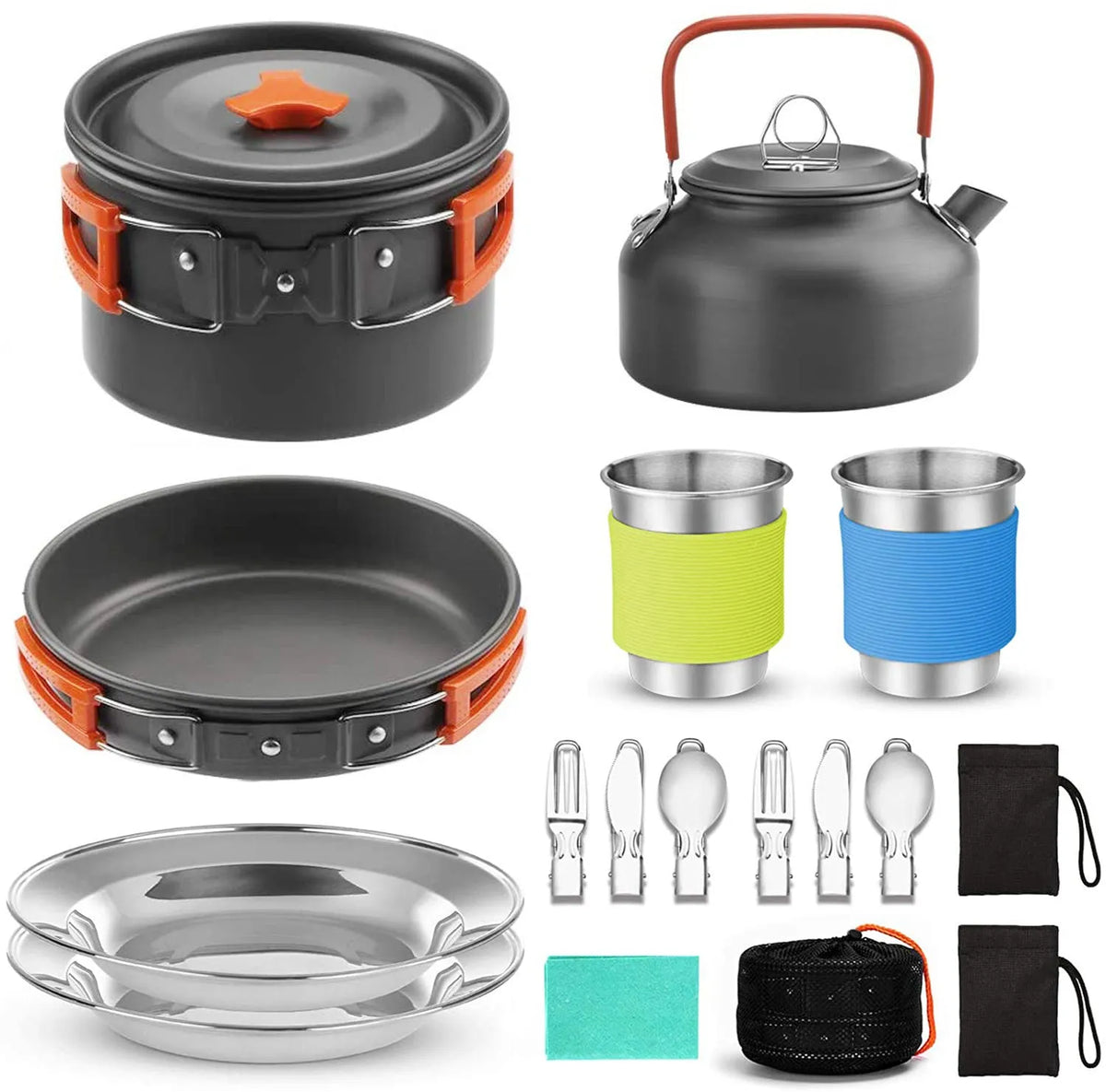 Camping cooker set with hard alumina pans, 0.8L teapot, stainless steel cups, plates, and cutlery in black, green, or orange.