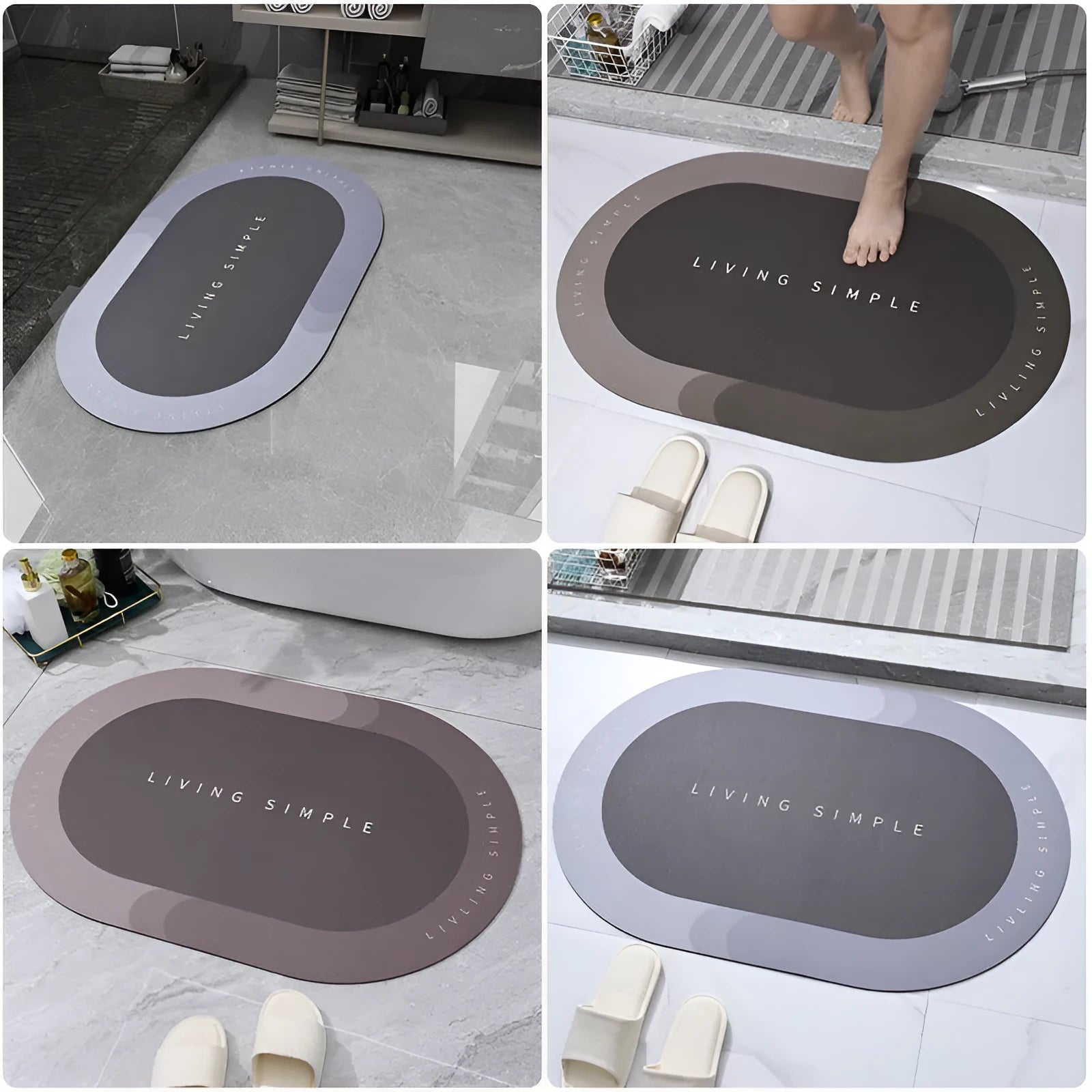 Super absorbent oval bath mat in grey with non-slip rubber bottom, 40x60cm
