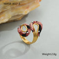 Geometric open mouth ring with leopard print design in electroplated stainless steel showing adjustable free-size construction