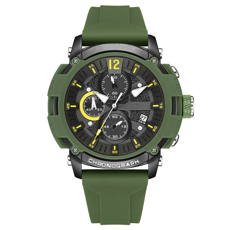 Men's black waterproof quartz watch with 51mm case showing calendar display and night light function