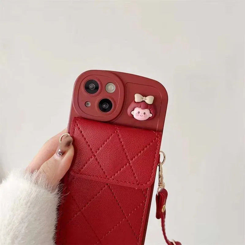 Red diamond plaid TPU crossbody card holder phone case with lanyard for iPhone models