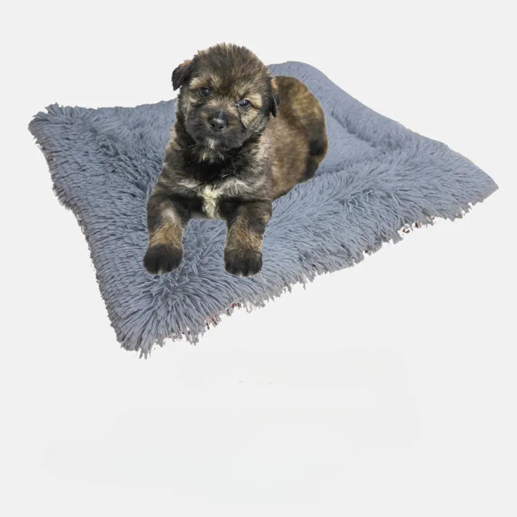 Grey and white pet blanket nest with long plush surface and black non-slip bottom