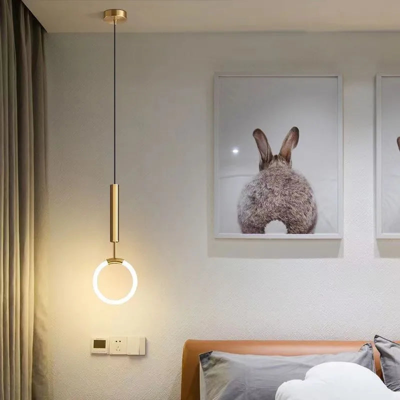 Modern Nordic style U-shaped metal pendant light with a long 200cm drop, ideal for bedside lighting.
