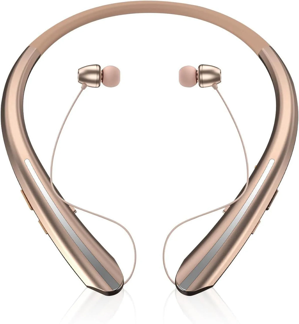 Wireless sport headphones in black and blue with hanging-neck design and digital display